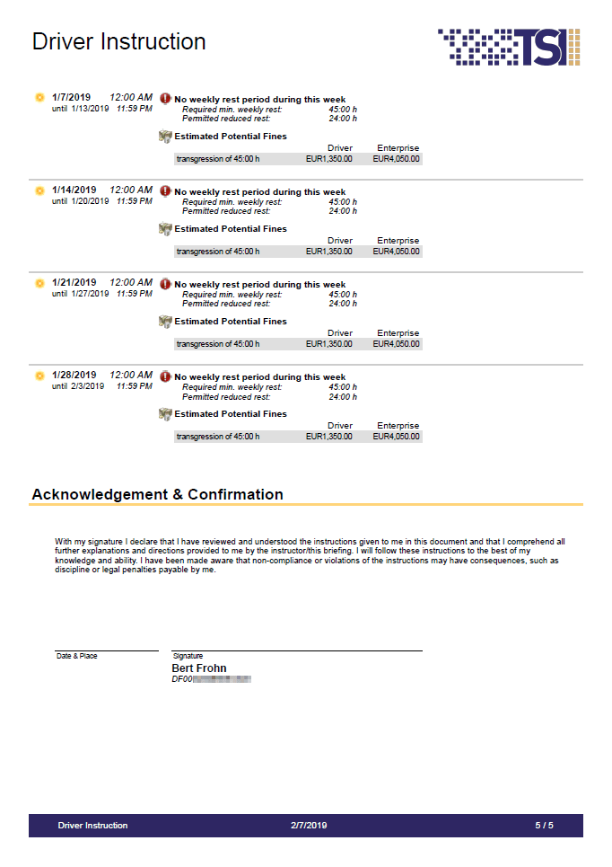 Detailed instruction documents with legally binding signatures of drivers